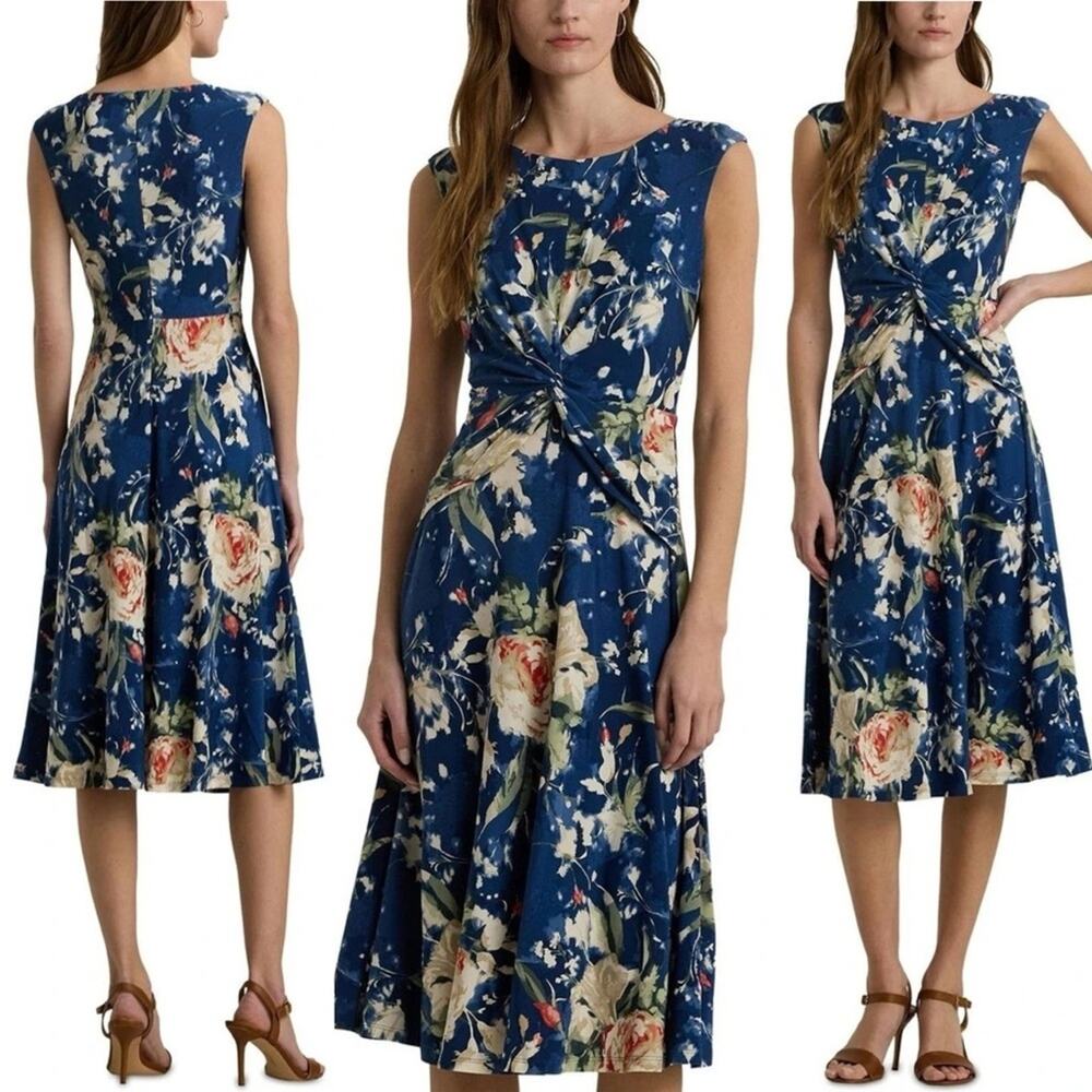 Ralph Lauren Midi Dress Blue Floral Twist Front Stretch Jersey Wedding Guest 6 - Picture 4 of 14